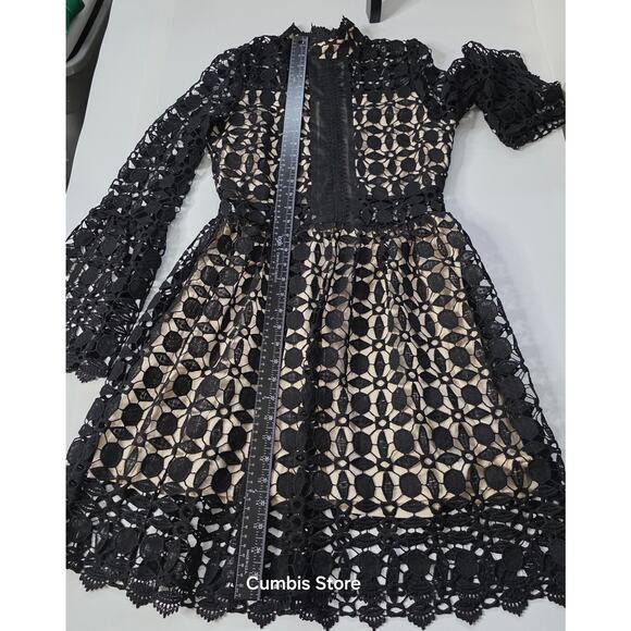 EillyBazar Dress Womens Medium Black Crochet High Neck Bell Sleeve Mini Cocktail - Picture 13 of 13